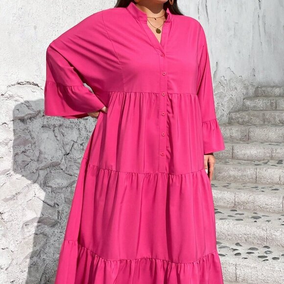 Hot Pink Cute Women's Vacation Casual Woven Loose A-List Plus Size Shirt - Picture 1 of 7